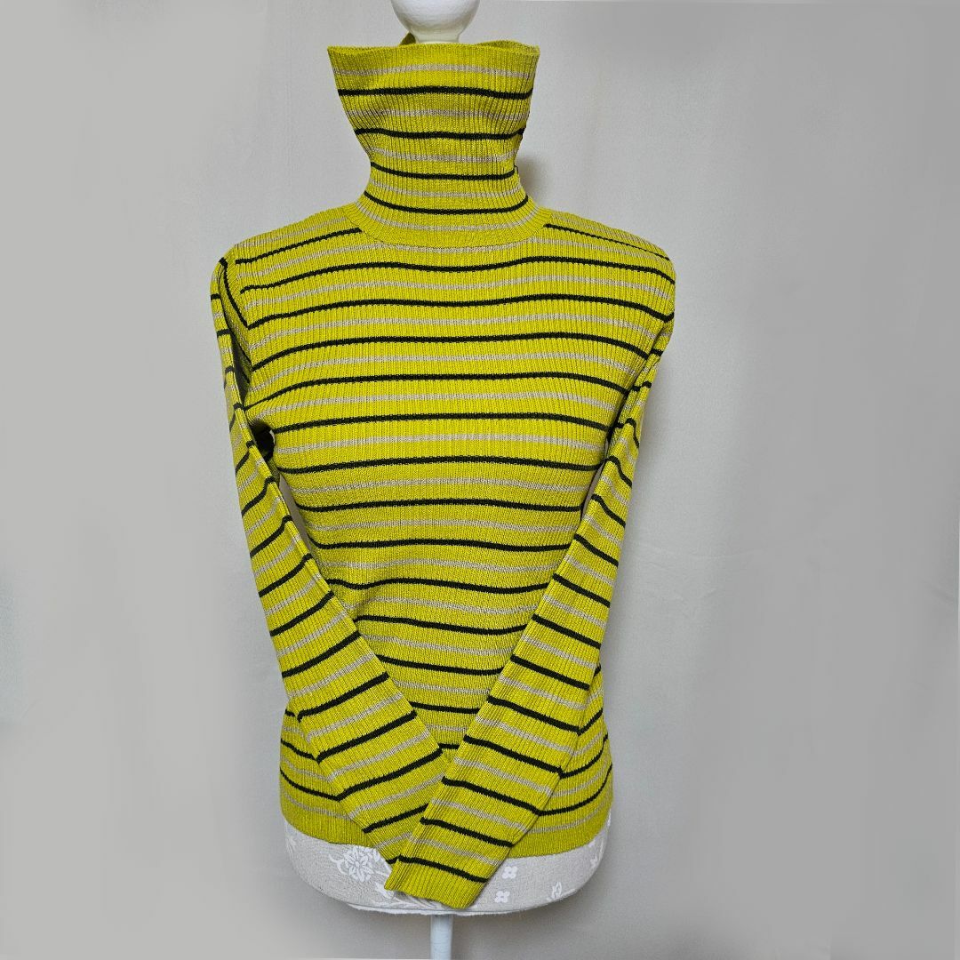 レディース タートルネック長袖セーター 黄色＆黒＆グレー ボーダーライン M～L レディースのトップス(ニット/セーター)の商品写真