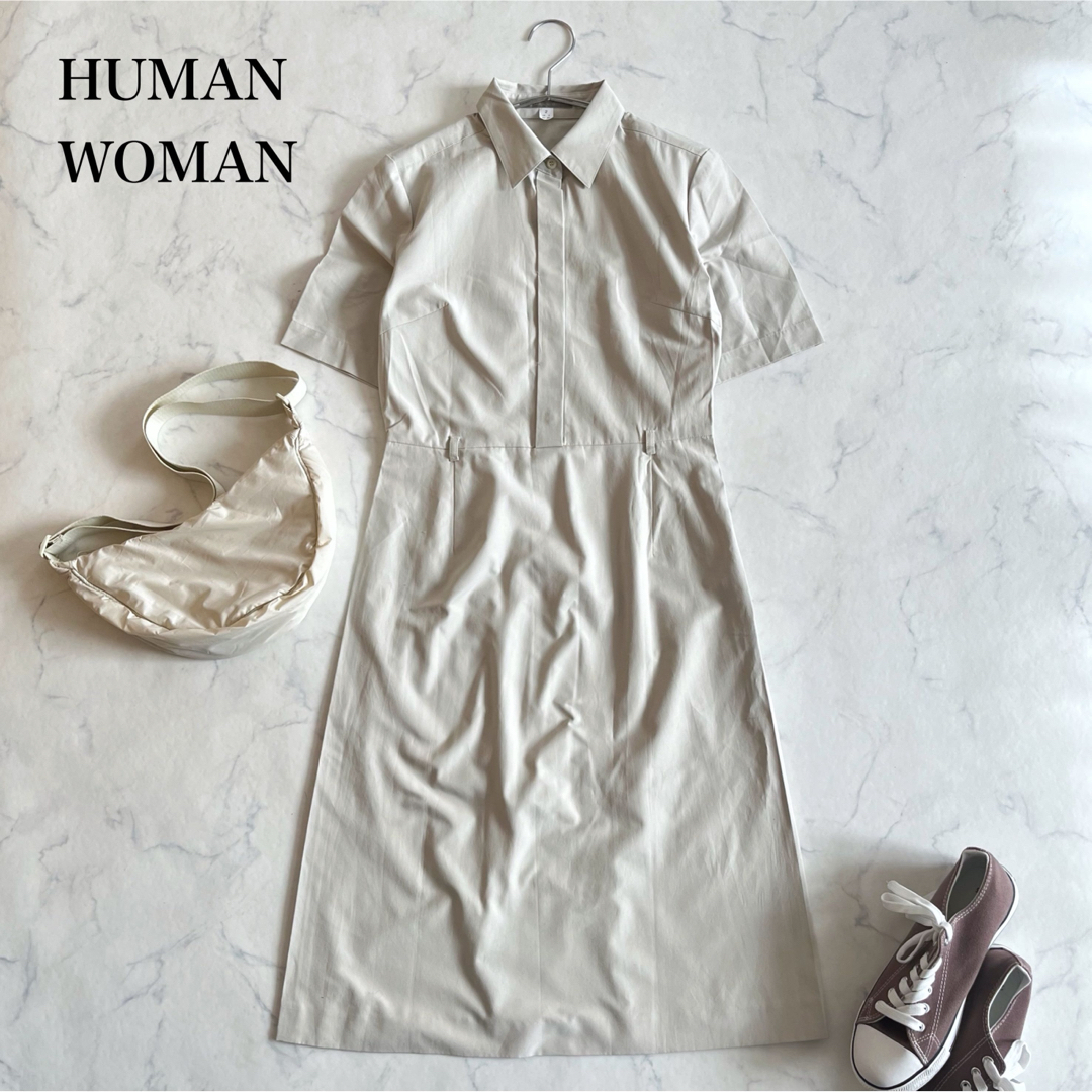 HUMAN WOMAN(ヒューマンウーマン)のHUMAN WOMAN 半袖ロングワンピース　襟付き　ホワイトベージュ　M レディースのワンピース(ロングワンピース/マキシワンピース)の商品写真