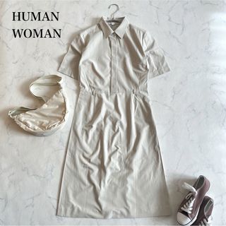 ヒューマンウーマン(HUMAN WOMAN)のHUMAN WOMAN 半袖ロングワンピース　襟付き　ホワイトベージュ　M(ロングワンピース/マキシワンピース)