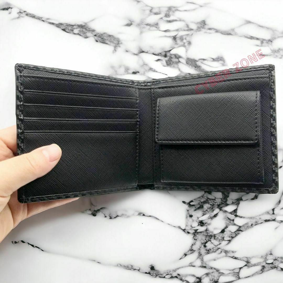 本革 メンズ カーボンレザー 二つ折り財布 ビジネス ブラック 黒 小銭入れ メンズのファッション小物(折り財布)の商品写真