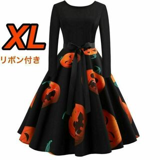 aハロウィン・コスプレ・レディース・かぼちゃワンピース・スカート・黒 XL ①(ひざ丈ワンピース)