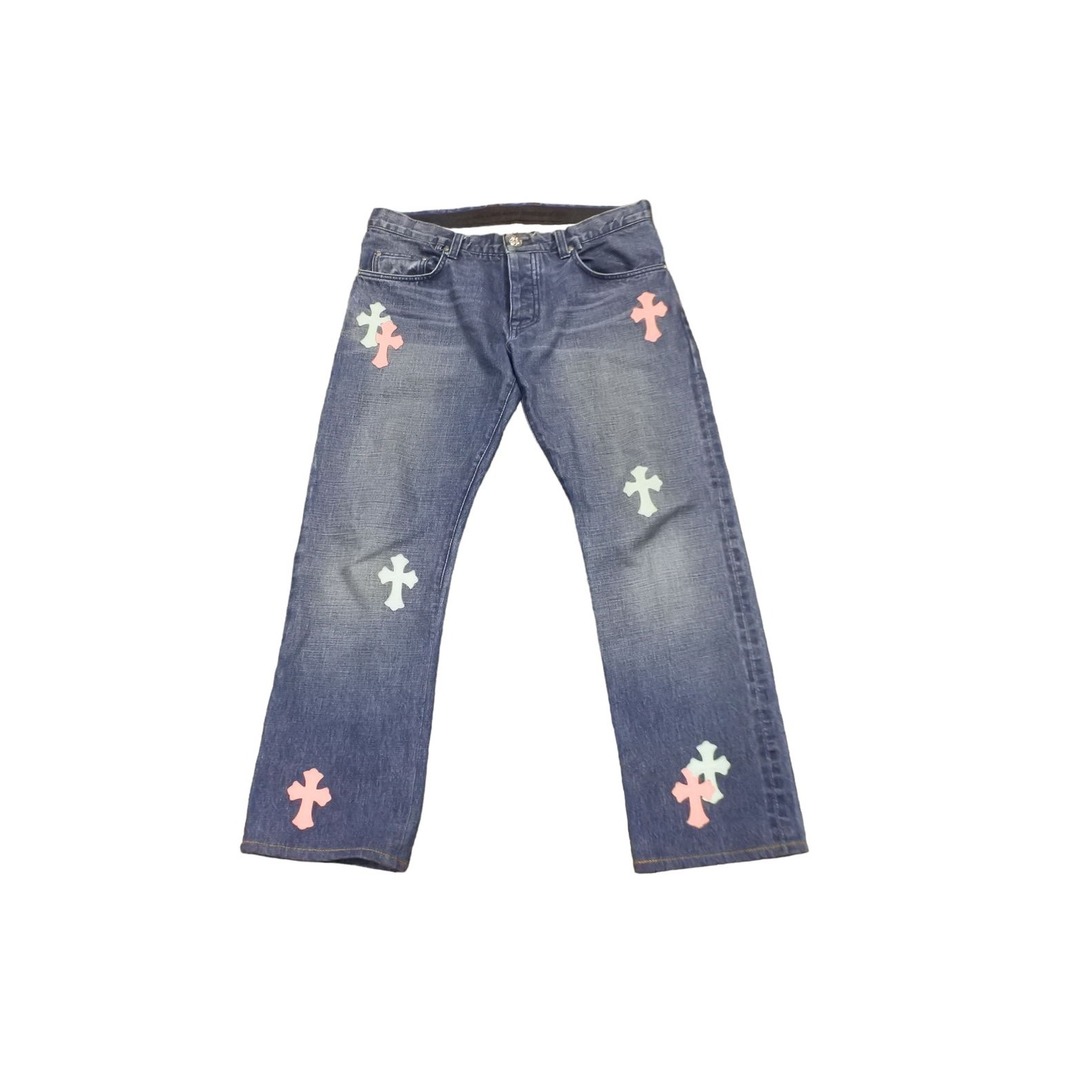 Chrome Hearts(クロムハーツ)のCHROME HEARTS クロムハーツ レザークロスパッチデニムパンツ ピンク スカイブルー サイズ34 美品 中古 59796 レディースのパンツ(デニム/ジーンズ)の商品写真