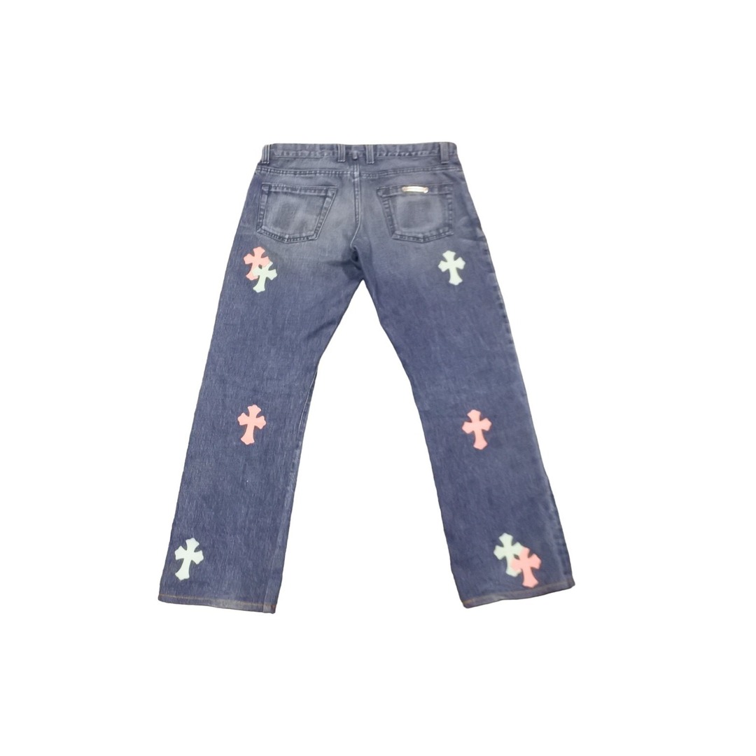 Chrome Hearts(クロムハーツ)のCHROME HEARTS クロムハーツ レザークロスパッチデニムパンツ ピンク スカイブルー サイズ34 美品 中古 59796 レディースのパンツ(デニム/ジーンズ)の商品写真