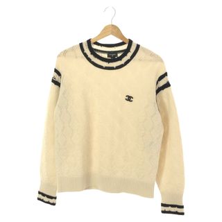 58cm肩幅美品◎正規 UK製 CHANEL シャネル 96A P08176 レディース バックココマーク カシミヤ100％ ハーフジップ MIXニットプルオーバー 黒×白 42