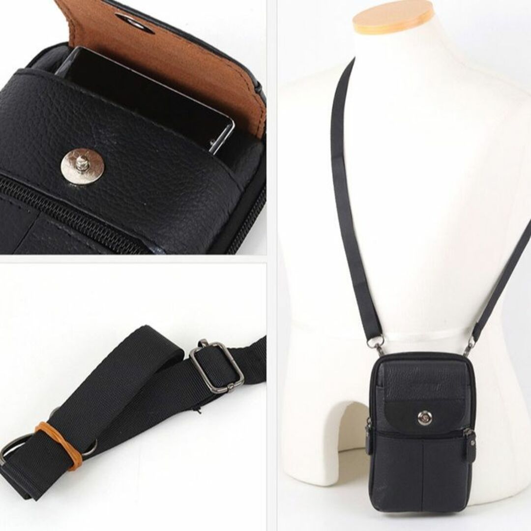 スマホポーチ 本革 ポシェット ウエストショルダー ミニバッグ お財布携帯 メンズのバッグ(ウエストポーチ)の商品写真