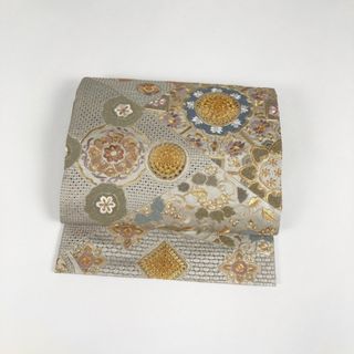 袋帯 着物帯 汕頭刺繍 相良刺繍  花模様 宝相華  唐草 丸 点 ひし形  正絹 シルバー レディース【中古】【送料無料】(帯)