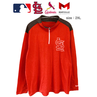 MLB　カージナルス✕メリービル大学　ハーフジップTシャツ　2XL　赤　US古着(Tシャツ/カットソー(七分/長袖))