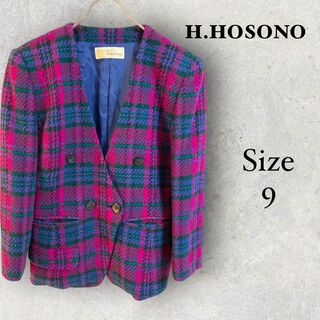1122 H.HOSONO【M】ピンク　ブルー　チェック柄ノーカラージャケット(テーラードジャケット)