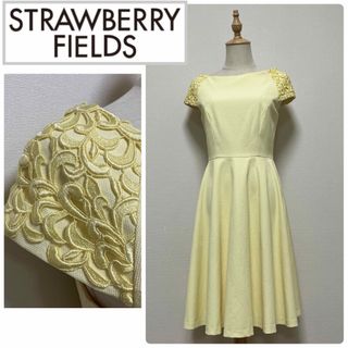 ストロベリーフィールズ(STRAWBERRY-FIELDS)のストロベリーフィールズ　刺繍レース袖ワンピース　イエロー(ひざ丈ワンピース)