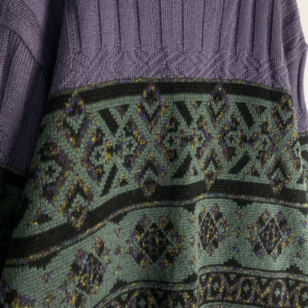 【ニット　切り返し　幾何学模様　紫　緑　古着】 メンズのトップス(ニット/セーター)の商品写真