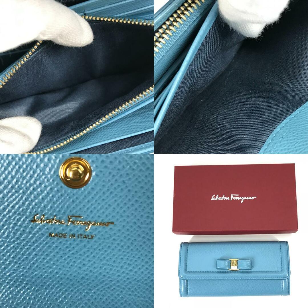 Salvatore Ferragamo(サルヴァトーレフェラガモ)のサルヴァトーレフェラガモ Salvatore Ferragamo ヴァラ リボン りぼん 22D154 パスケース付き ロングウォレット 長財布 レザー ブルー 新品同様 レディースのファッション小物(財布)の商品写真