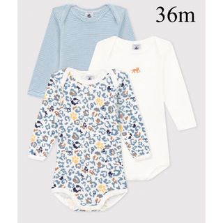 プチバトー(PETIT BATEAU)の新品 プチバトー 長袖 ボディ３枚組 アニマル 36m(ロンパース)