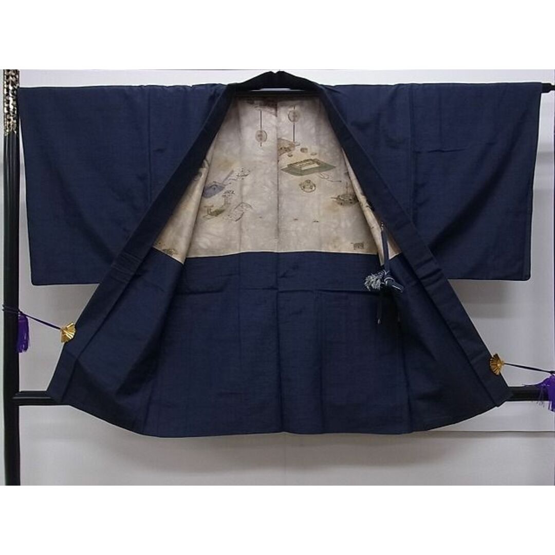 平和屋1■男性　紬　アンサンブル　青褐色　逸品　kb3064 メンズの水着/浴衣(着物)の商品写真