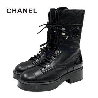 シャネル(CHANEL)のシャネル CHANEL ブーツ ショートブーツ 靴 シューズ ココマーク レースアップ ラムスキン パテント ブラック 黒(ブーツ)