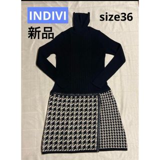 インディヴィ(INDIVI)の36indivi インディヴィワンピース　ニットワンピース　千鳥　タートルネック(ひざ丈ワンピース)