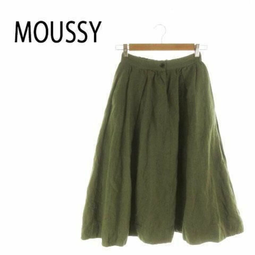 moussy(マウジー)のマウジー フレアスカート ミモレ ひざ丈 麻 カーキ 211202AH10A レディースのスカート(ひざ丈スカート)の商品写真