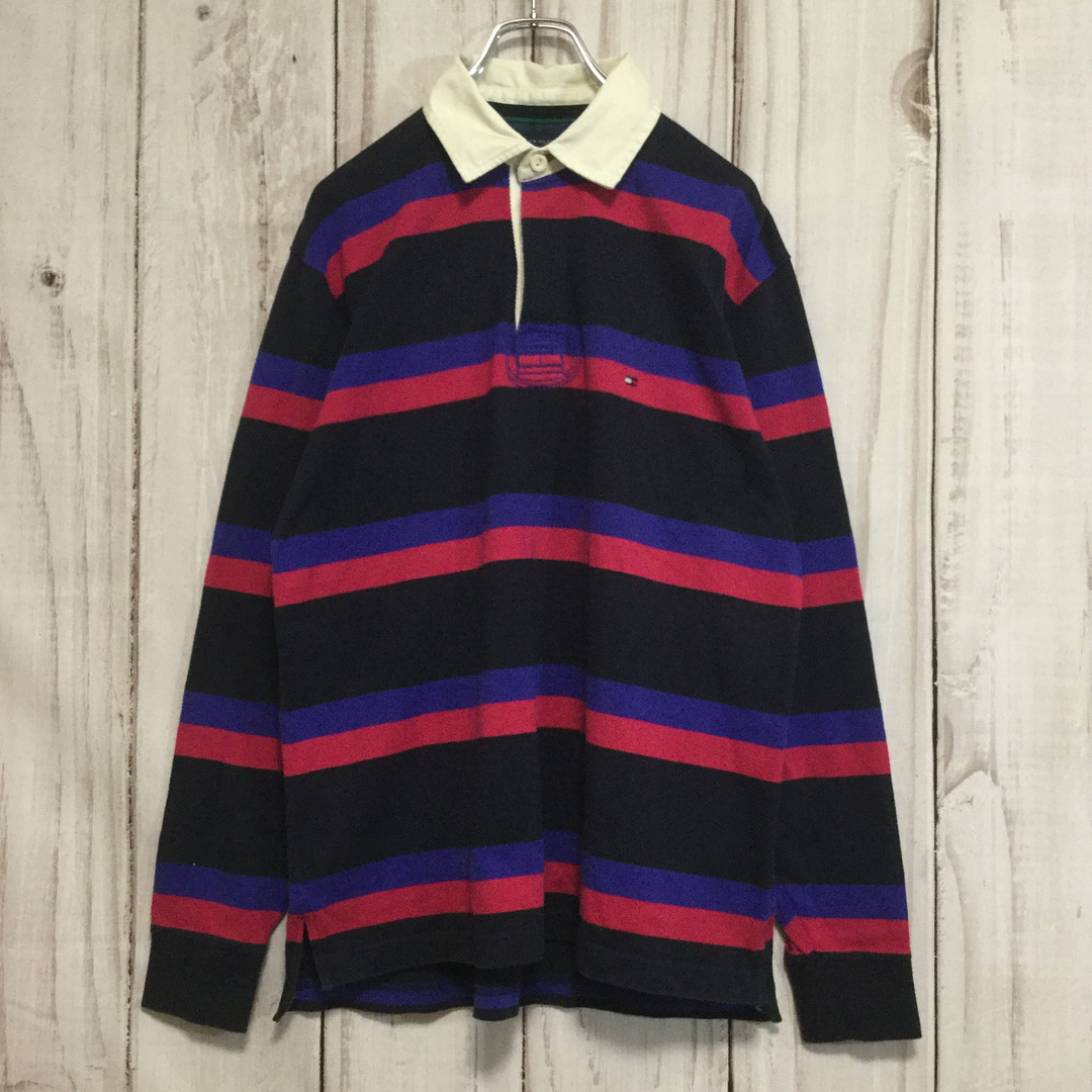 TOMMY HILFIGER(トミーヒルフィガー)の【トミーヒルフィガー 長袖ラガーシャツ】ロゴ刺繍 ボーダー ポロ L 古着 メンズのトップス(ポロシャツ)の商品写真