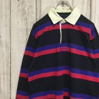 トミーヒルフィガー(TOMMY HILFIGER)の【トミーヒルフィガー 長袖ラガーシャツ】ロゴ刺繍 ボーダー ポロ L 古着(ポロシャツ)