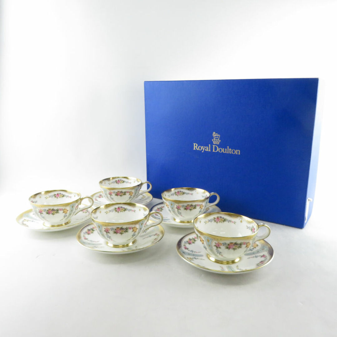 美品 ROYAL DOULTON ロイヤルドルトン CURNOCK カーノック ティーカップ＆ソーサー 5客 セット ゴールド 金彩 花柄 英国 希少 レア SU5444Xキッチン/食器