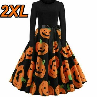 aハロウィン・コスプレ・レディース・かぼちゃワンピース・スカート・黒2XL(ひざ丈ワンピース)