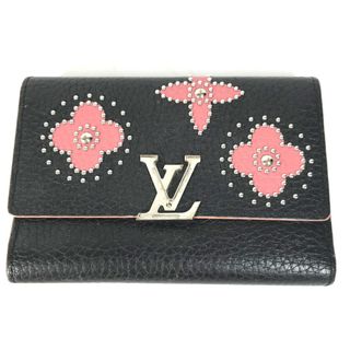 ルイヴィトン(LOUIS VUITTON)のルイヴィトン LOUIS VUITTON ポルトフォイユ カプシーヌ コンパクト M63222 スタッズ フラワー コンパクトウォレット 3つ折り財布 レザー ブラック(財布)