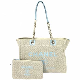 シャネル(CHANEL)のCHANEL シャネル トートバッグ ドーヴィルMM ハンドバッグ ココマーク 肩掛け チェーン ロゴ ココ かばん 鞄 キャンバス  レザー   ベージュ ライトブルー ゴールド金具 レディース 美品【中古品】(トートバッグ)