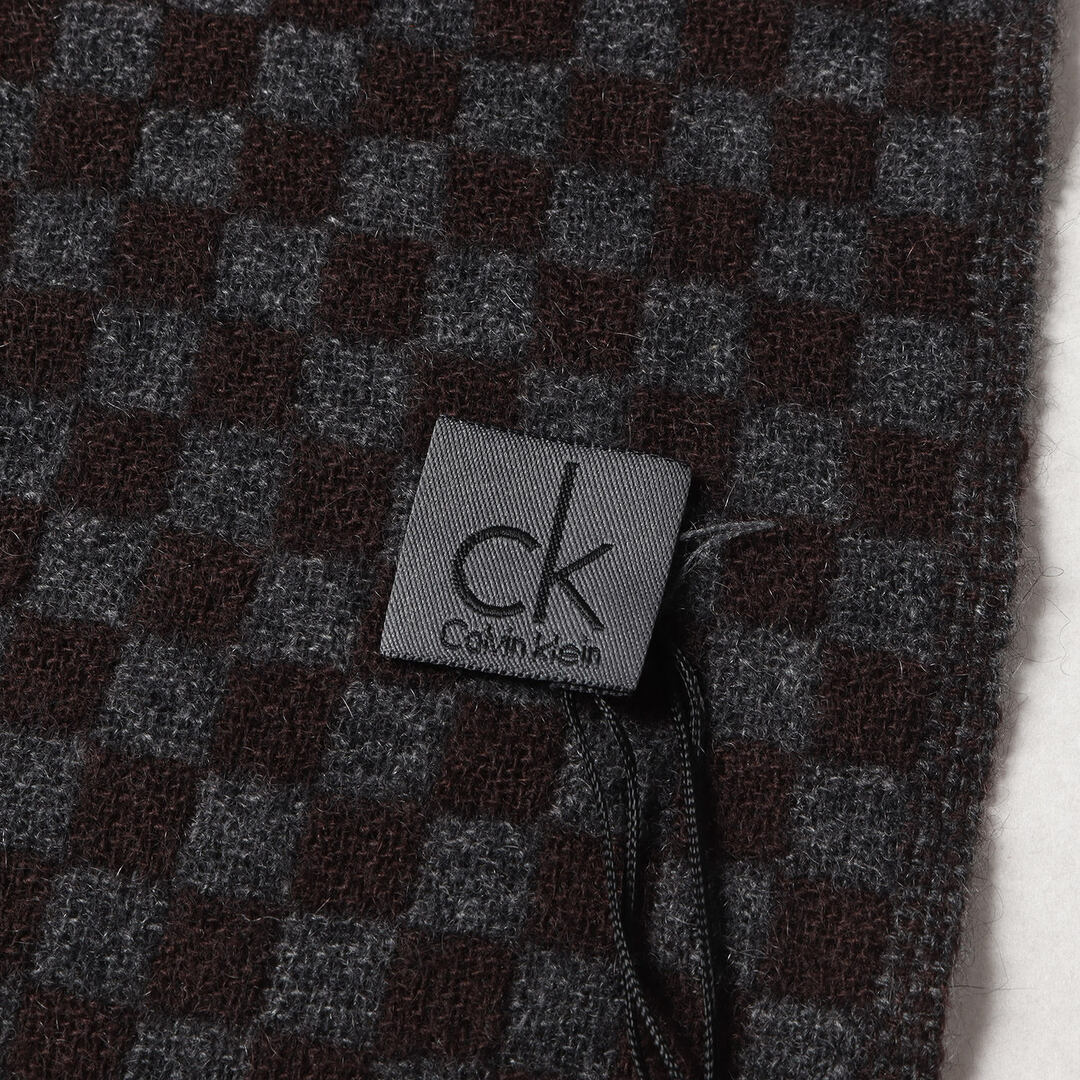 Calvin Klein(カルバンクライン)の新品 Calvin Klein カルバンクライン ブロックチェック カシミヤ ウール ニット フリンジ マフラー ストール ブラウン グレー ブランド アイテム【メンズ】 メンズのファッション小物(マフラー)の商品写真