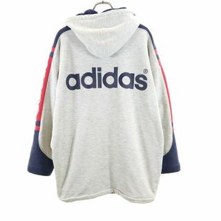 アディダス(adidas)のアディダス 80s デサント製 ADS-8704 ヴィンテージ バック プリント トレフォイルロゴ スウェット 中綿ジャケット M-L グレー系 adidas ボア フード メンズ 古着 【240202】(ダウンジャケット)