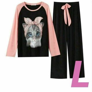 a猫パジャマ ルームウェア 寝間着 寝巻き ナイトウェア 猫好き 黒 L(ルームウェア)