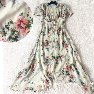 ZARA ザラ ロングワンピース シフォン 花柄 水色 透け感 春夏 フレア