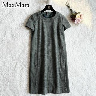 マックスマーラ(Max Mara)の美品◆MaxMara◆ヘリンボーン×グレンチェック　切り替えワンピース　グリーン(ひざ丈ワンピース)