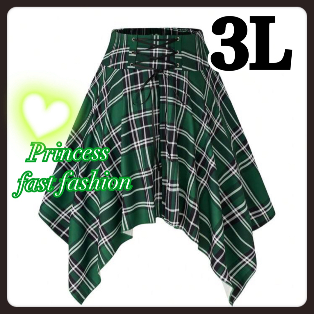【3L／グリーン】チェック柄編み上げ＊アシンメトリー＊ミニスカート＊大きいサイズ レディースのスカート(ミニスカート)の商品写真