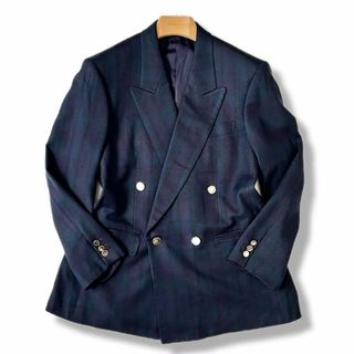 ランバン(LANVIN)の美品 シルク 100% ランバン ダブル 紺ブレザー チェック ジャケット 古着(テーラードジャケット)