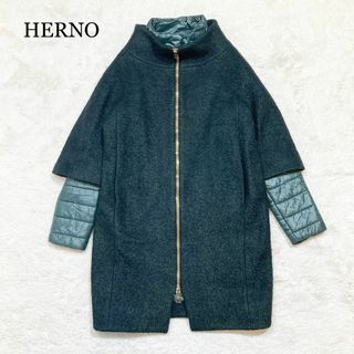 ヘルノ(HERNO)の【極美品】HERNO ヘルノ 切替 ダウンコート ウール ダークグリーン 40(ダウンジャケット)