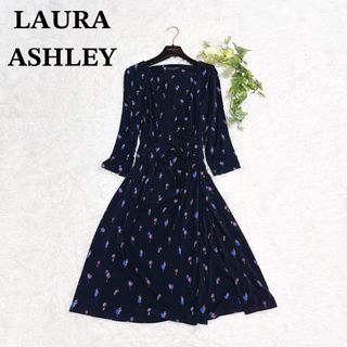 美品 LAURA ASHLEY シノワズリ柄 長袖ワンピース ブラック系 L相当