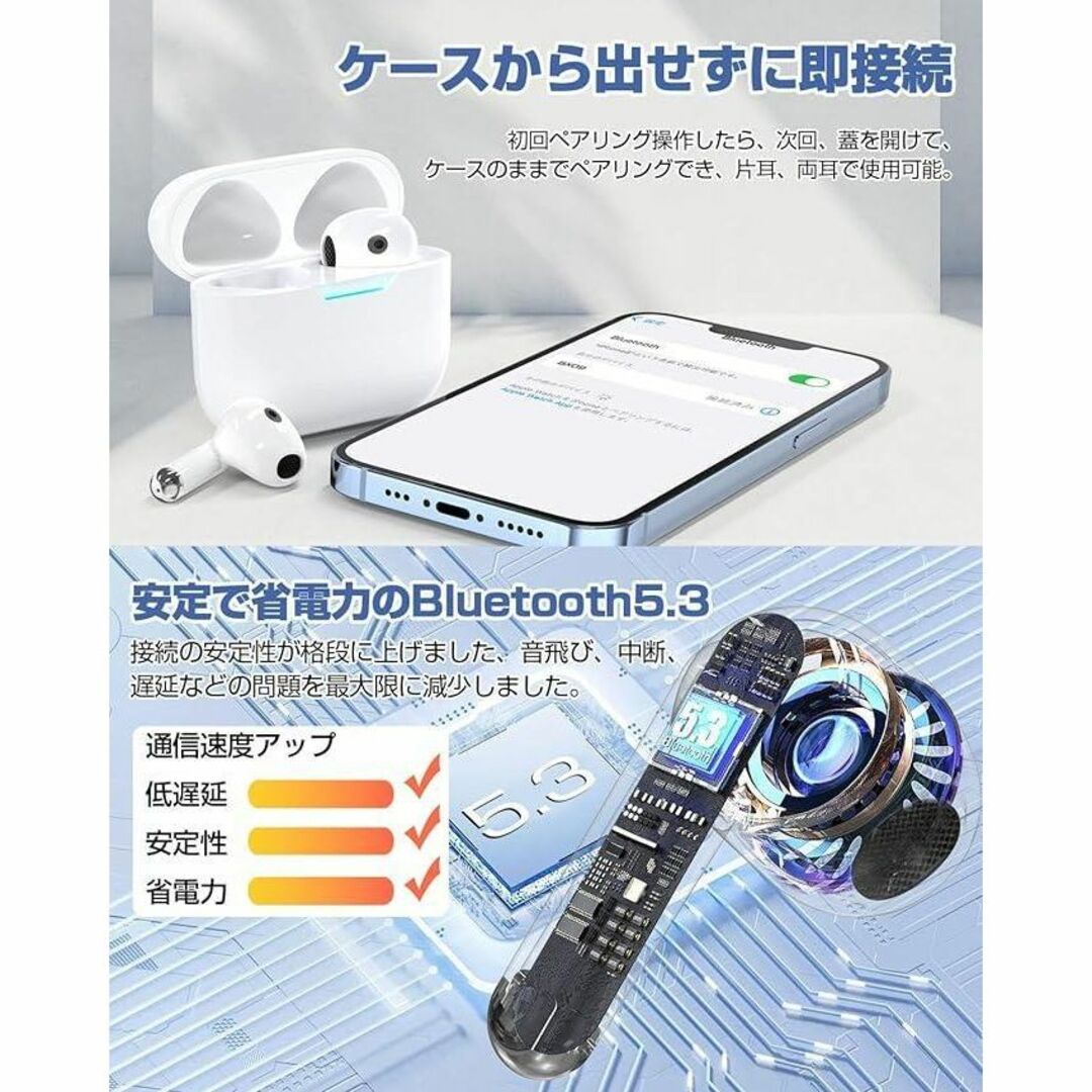 ワイヤレスイヤホン bluetooth イヤホン ハンズフリー通話 タイプC充電 スマホ/家電/カメラのオーディオ機器(ヘッドフォン/イヤフォン)の商品写真