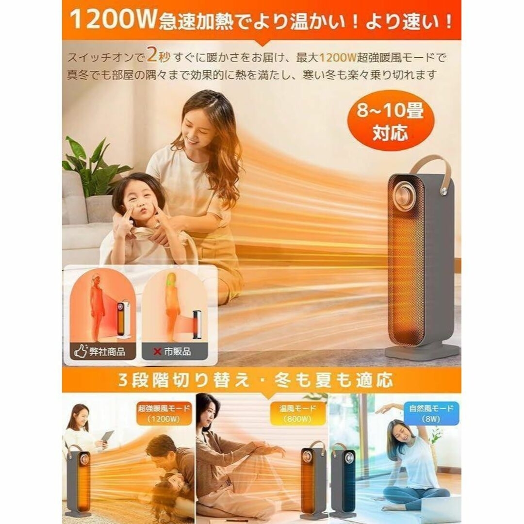 ✨セラミックヒーター 電気ファンヒーター 2秒速暖 1200Ｗ✨ 左右自動首振り スマホ/家電/カメラの冷暖房/空調(ファンヒーター)の商品写真