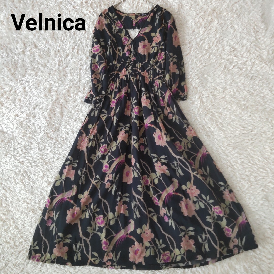 レディースVelnica ヴェルニカ 花柄 シフォン ワンピース 七分袖 バックオープン