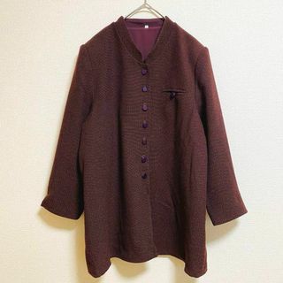 st445 ノーカラー薄手ジャケット ボルドー 上品 オシャレ(ノーカラージャケット)