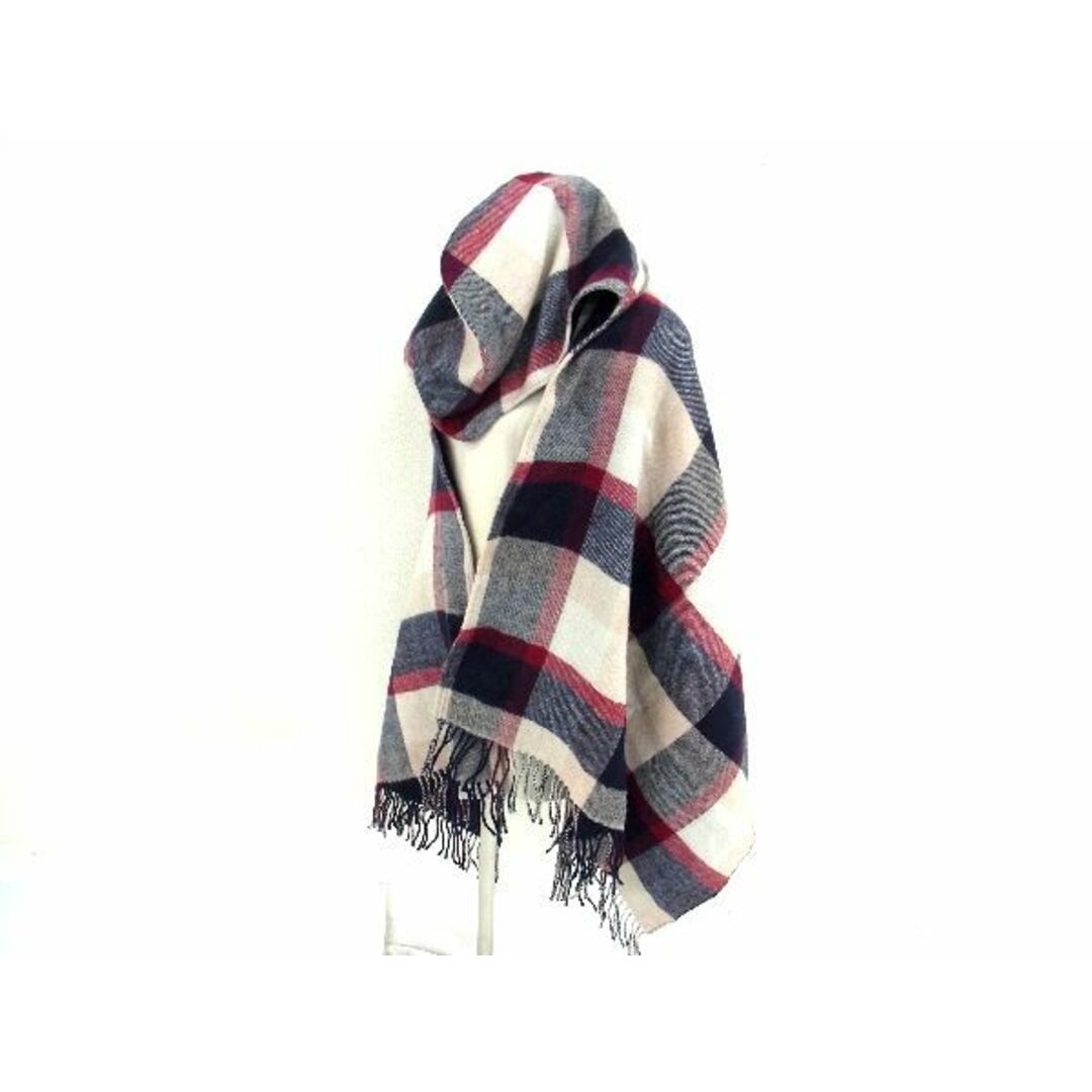 BURBERRY(バーバリー)の■美品■ BURBERRY バーバリーブルーレーベル ウール チェック フード付き 大判ストール ポンチョ アウター ネイビー系×レッド系 AV1837  レディースのファッション小物(ストール/パシュミナ)の商品写真