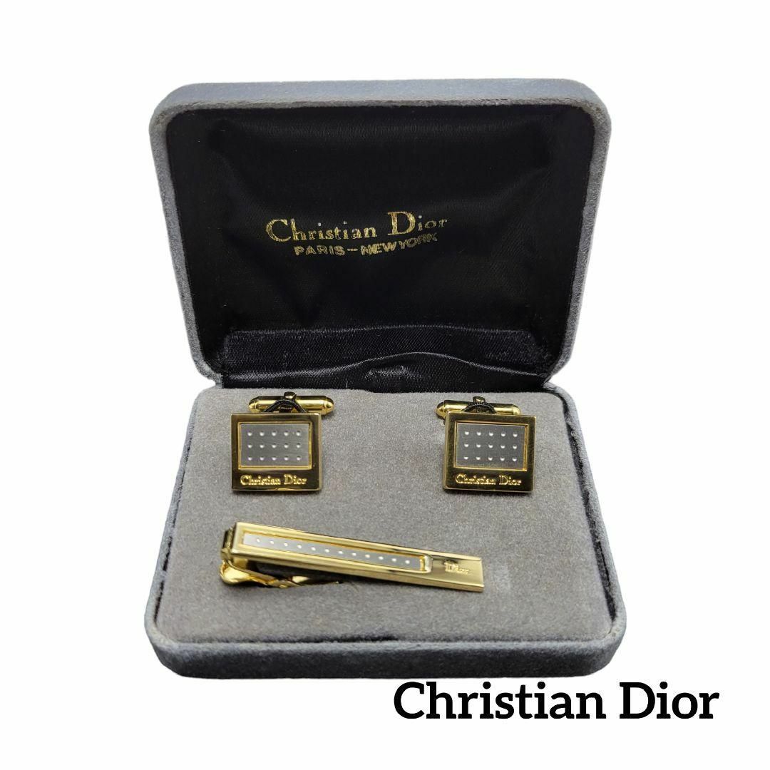 Christian Dior(クリスチャンディオール)の【美品】Christian Dior タイピンカフス ゴールド グレー ドット メンズのファッション小物(ネクタイピン)の商品写真