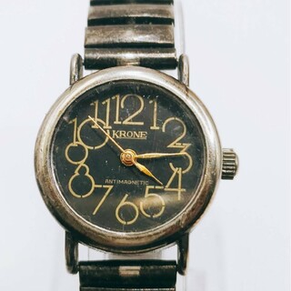 #154 KRONE クローネ 腕時計 アナログ 2針 黒文字盤 シルバー色(腕時計)