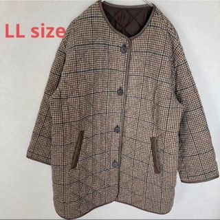 【美品】ノーカラー チェック キルティング コート LL(その他)