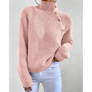 SHEIN シーイン　ハイネック　セーター　ピンク　L(ニット/セーター)