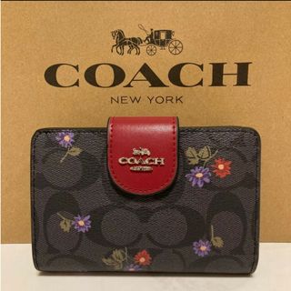 コーチ(COACH)の新品　COACH　二つ折り財布　小銭入れ有　ダークブラウン　シグネチャー　花柄(財布)