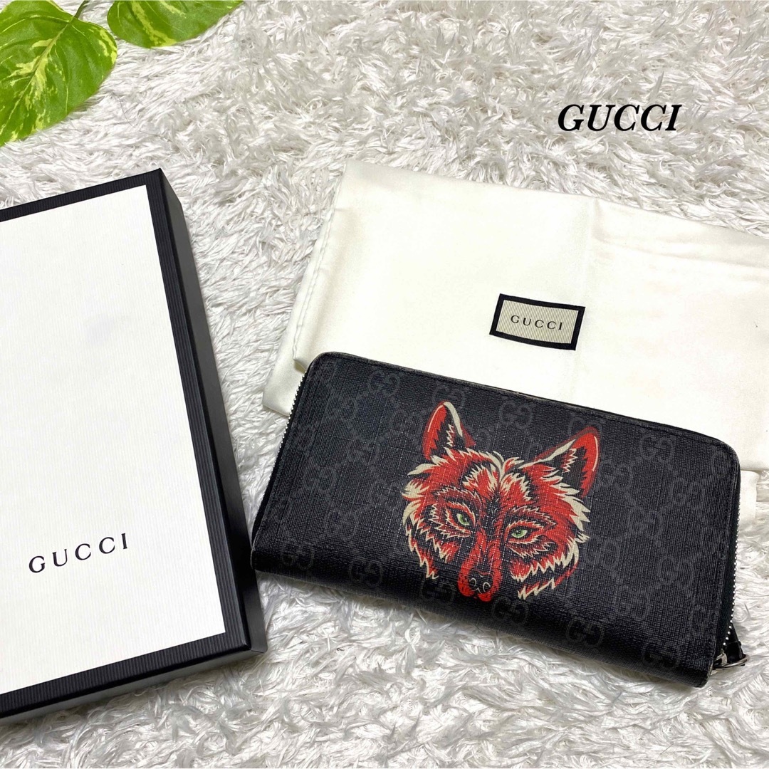 美品 GUCCI グッチ ウルフ 狼 長財布 ラウンドファスナー GG ブラック 美品 GUCCI グッチ ウルフ 狼 長財布 ラウンドファスナー GG ブラック