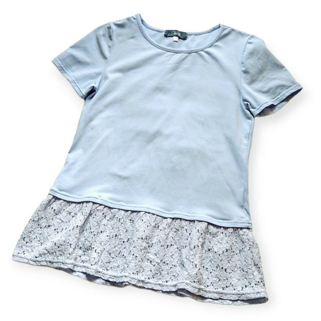 ニッセン(ニッセン)のニッセン Shine code  裾花柄レース 半袖トップス Tシャツ ブルー レディースのトップス(カットソー(半袖/袖なし))の商品写真