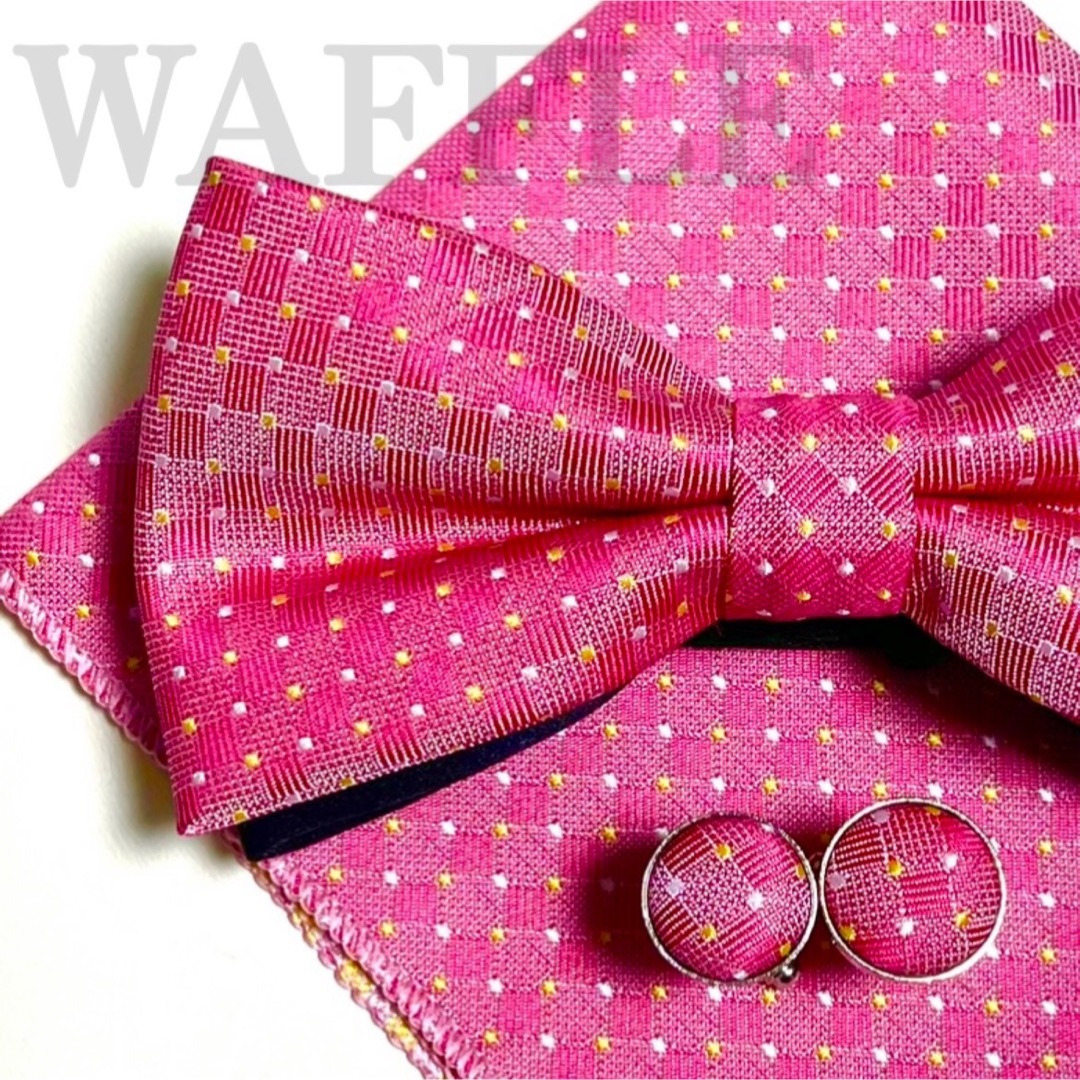 蝶ネクタイ ポケットチーフ ピンク ドット 挙式 新郎 無地 ボウタイ A メンズのファッション小物(ネクタイ)の商品写真