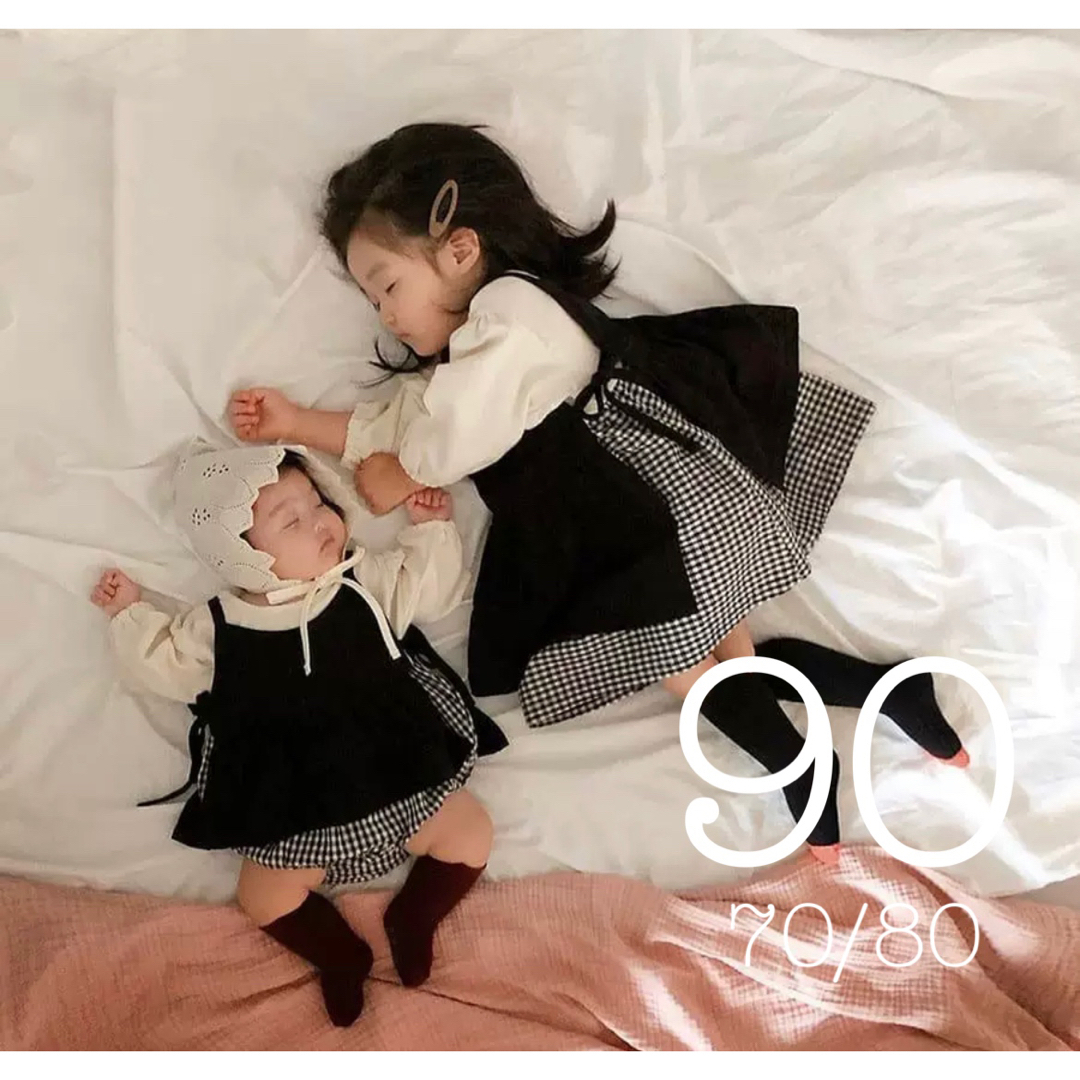 ベビー　ロンパース　セットアップ　ギンガムチェック　韓国子供服　90 キッズ/ベビー/マタニティのキッズ服女の子用(90cm~)(ワンピース)の商品写真