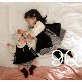 ベビー　ロンパース　セットアップ　ギンガムチェック　韓国子供服　90(ワンピース)